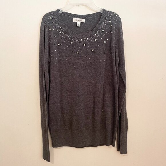 Dressbarn Crew Neck Sequin Jewel Detail Sweater Grey Long Sleeve Size Medium - Picture 1 of 3